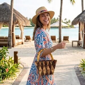 Vintage Bamboo Coconut Shell Handbag Patchwork Bohemian Handmade Tropical Art